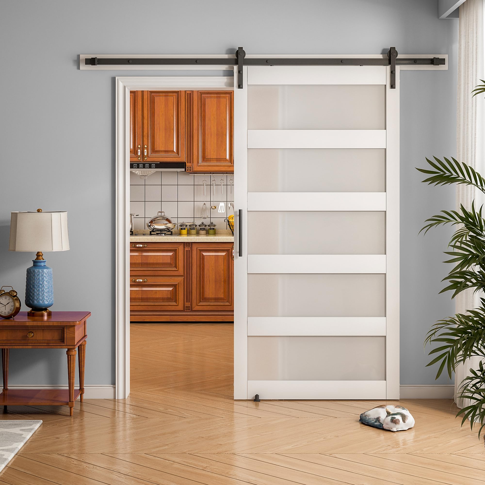 OHTOMO 28 in x 84 in Sliding Barn Door, 5-Lite Frosted Glass Door with 5FT Hardware Kit, Floor Guide Included, Waterproof PVC Surface, Pre-Drilled