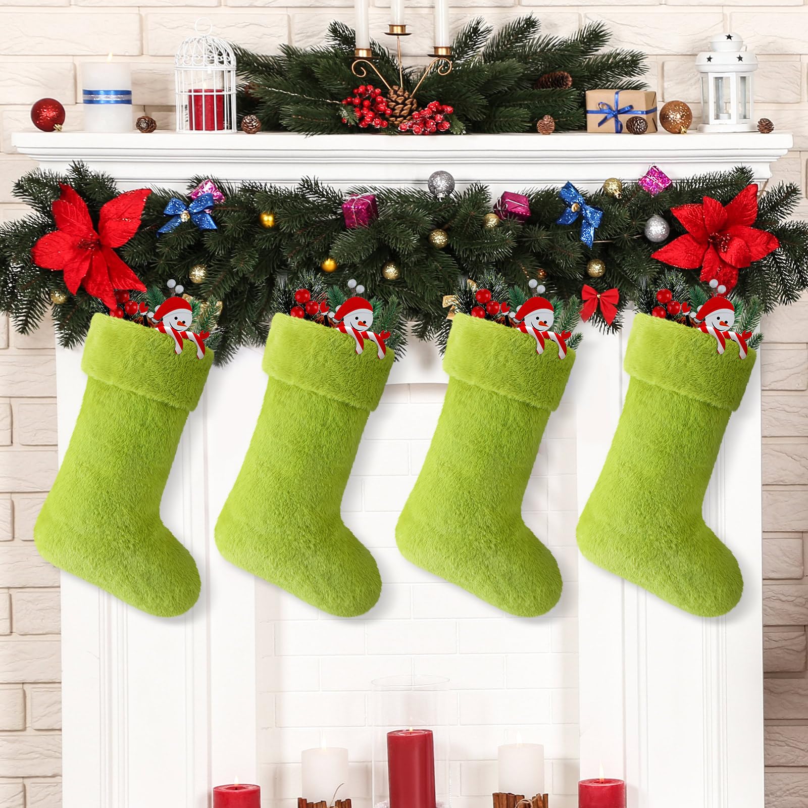 JOVITEC 2 Stück 50,8 cm Kunstfell, Weihnachtsstrümpfe, schneebedeckte Strümpfe, Weihnachtsstrümpfe, Kamin, hängende Strumpf für Urlaubsdekoration (grün)