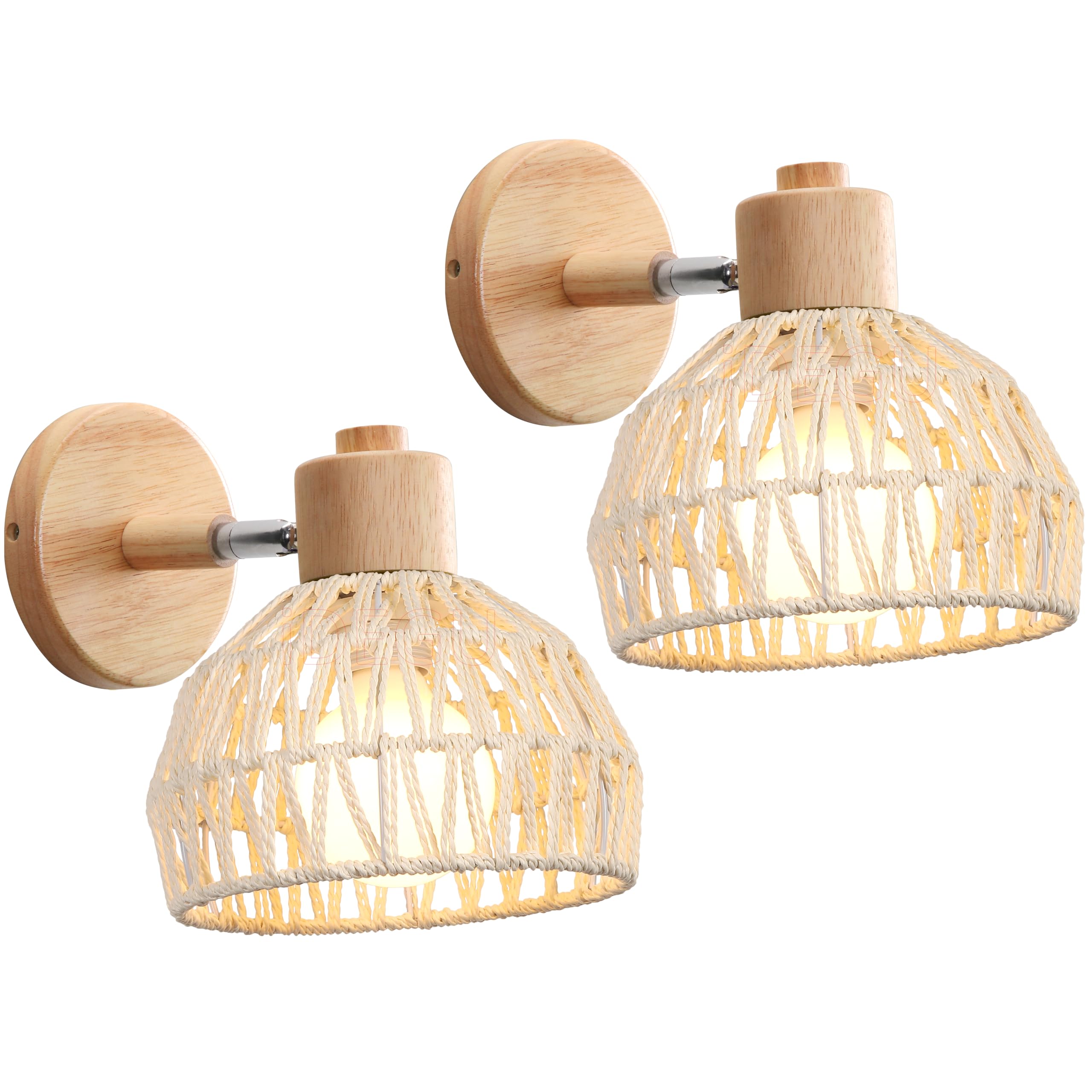 iDEGU 2 Piezas Apliques pared interior, Lámparas de Pared para Dormitorio E27 Iluminación Simple Luz de Pared en Madera Ratán Aplique Regulable para Pasillo Salon Café (20cm, Ratán Blanco)