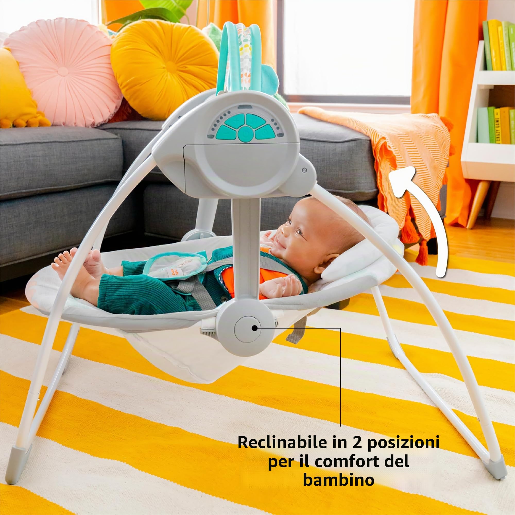 Bright Starts Altalena Automatica Portatile a 6 Velocità per Bambini, Compatta e Pieghevole, Musica, Barra Giocattoli, 0-9 Mesi 3-9 kg (Whimsical Wild)