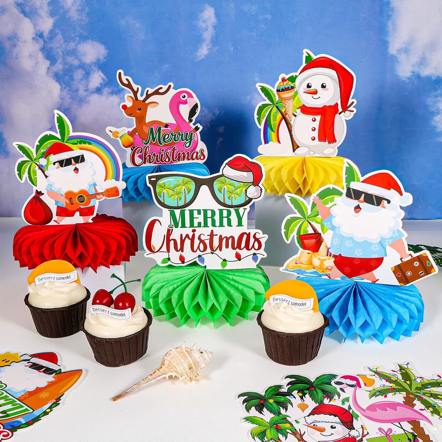 HOWAF 9Pcs Hawaiian Christmas Decorations Honeycomb Centepieces, Tropical Christmas Party Table Toppers Centerpieces for Mele Kalikimaka Decorations Flamingo Tropical Xmas Party Supplies