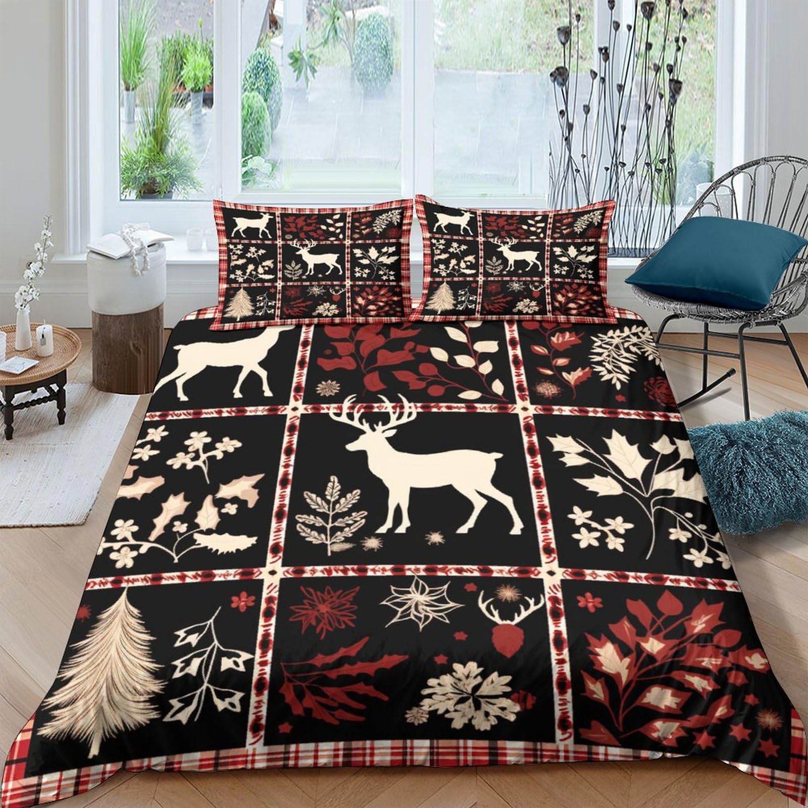 Housse de couette cerf 3D 220x240 cm vintage avec taies d'oreiller