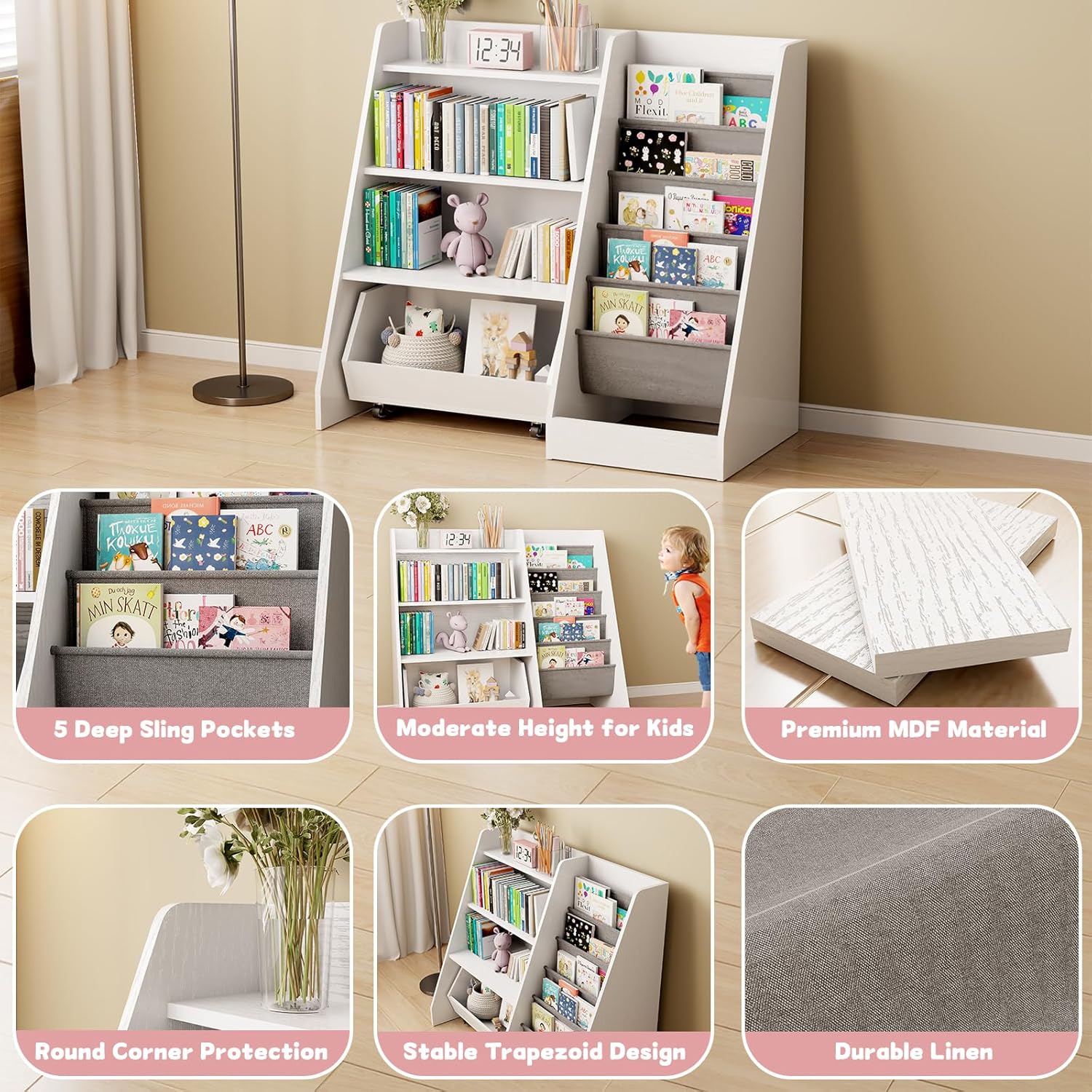 COZPAW Kids Bookshelf and Toy Storage, 4 Tier Toddler Bookshelf with Movable Drawer 5 Sling Pockets, Montessori Book Shelf for Kids Room, Playroom, Nursery (White) - Image 3