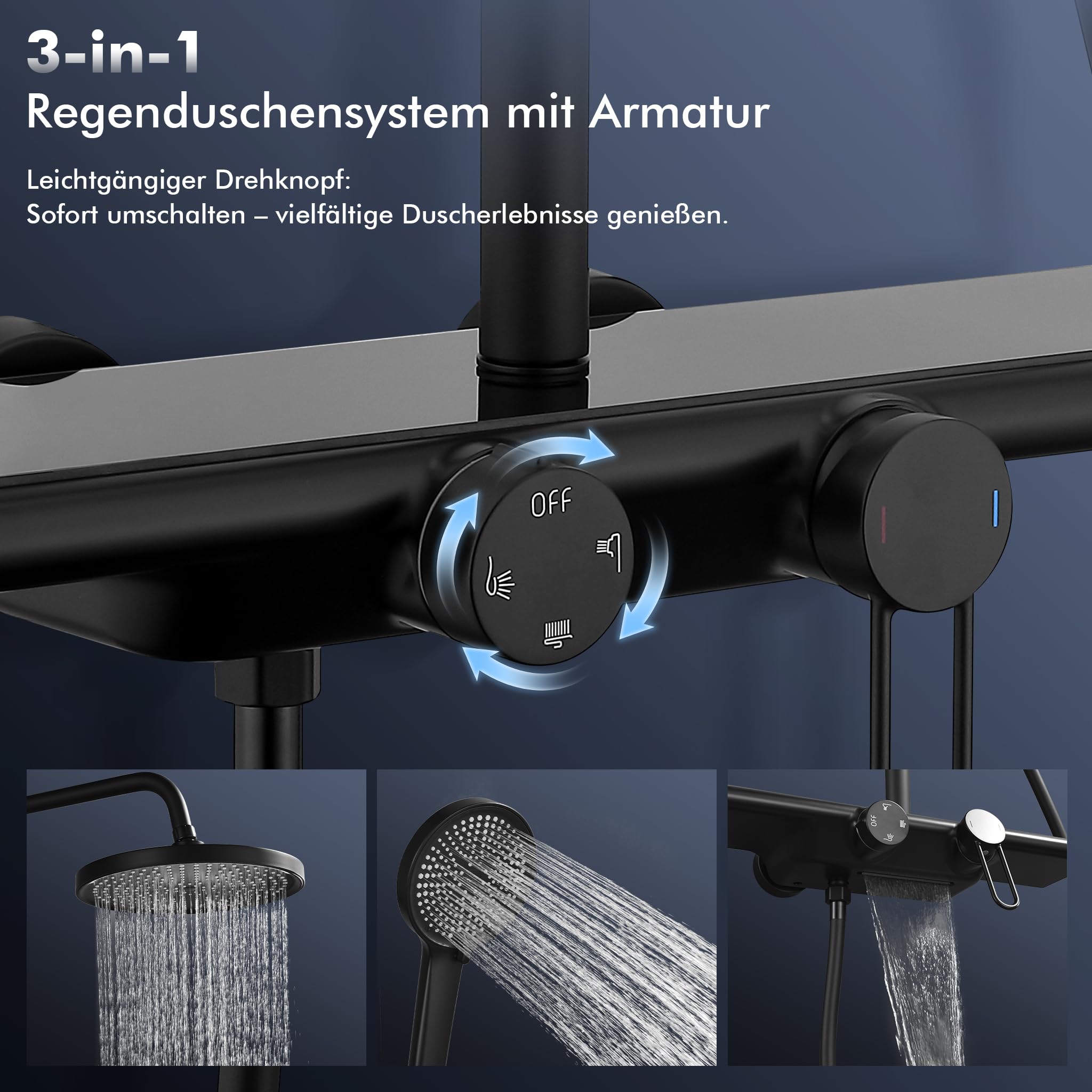 HOMELODY Duschsystem mit Armatur und Glasablage - Duscharmatur Komplettset Schwarz, 5 Strahlarten Handbrause und Wasserfallauslauf, Ø25cm Regendusche Set, Höhenverstellbar, ohne zusätzliches Bohren