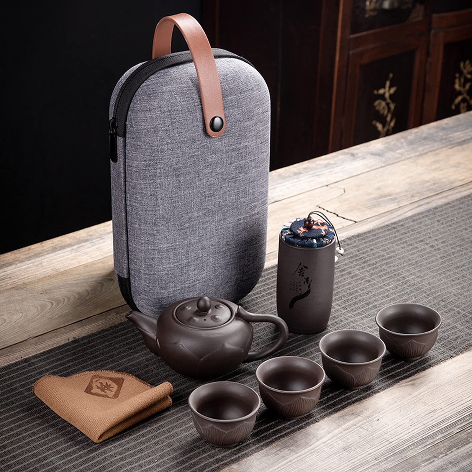 bangyao Chinese Tea Set Purple Clay Kung Fu Teapot 230ml Chinese Porcelain Yixing Zisha Tea Pot 4 Cups Kung Fu Travel Tea Cup Handmade Tea Pot Cup Set