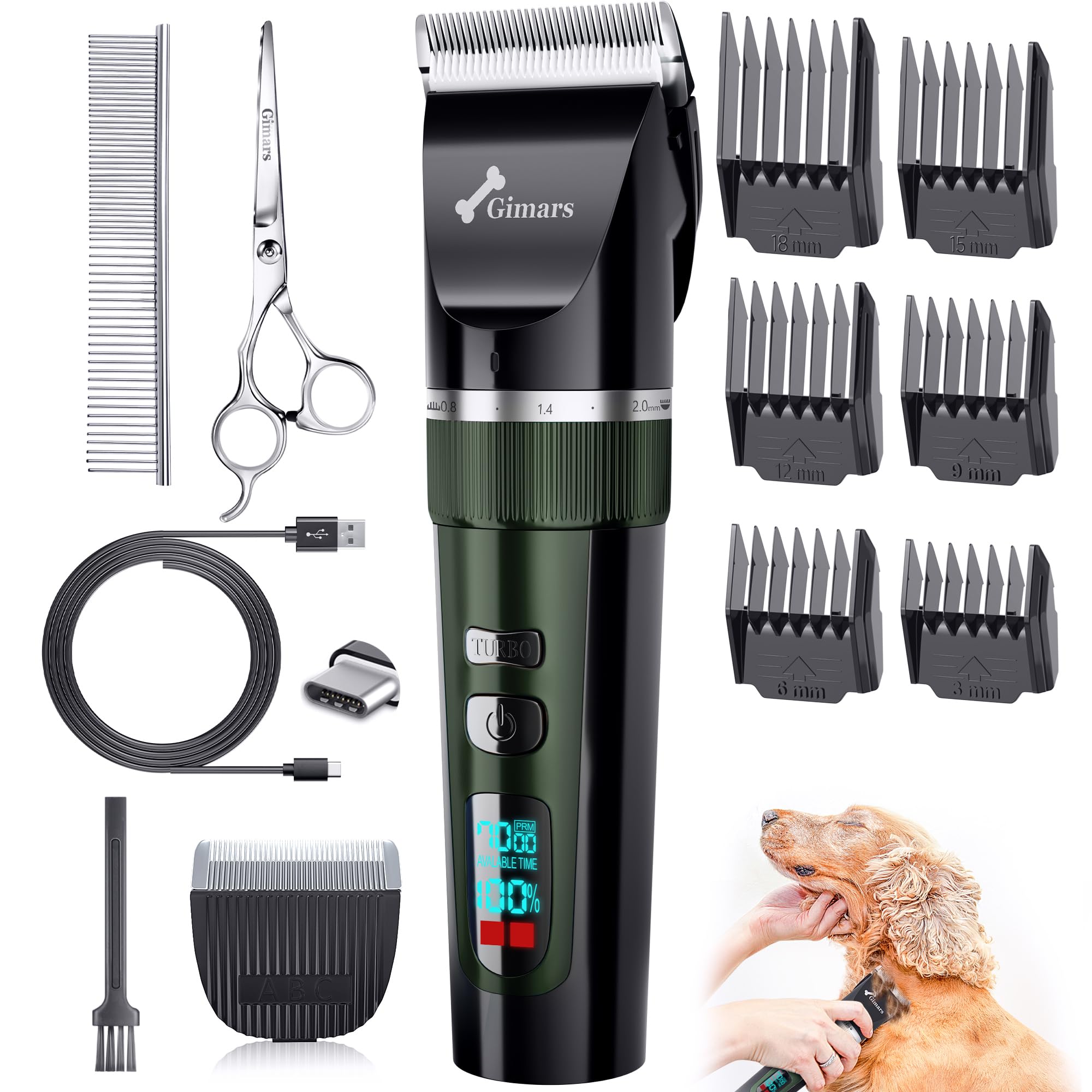 Gimars Rasoio per cani 4 in 1, 7000 giri/min, con lama di ricambio, senza fili e silenzioso, 55 dB, tagliacapelli professionale per cani, gatti e cavalli