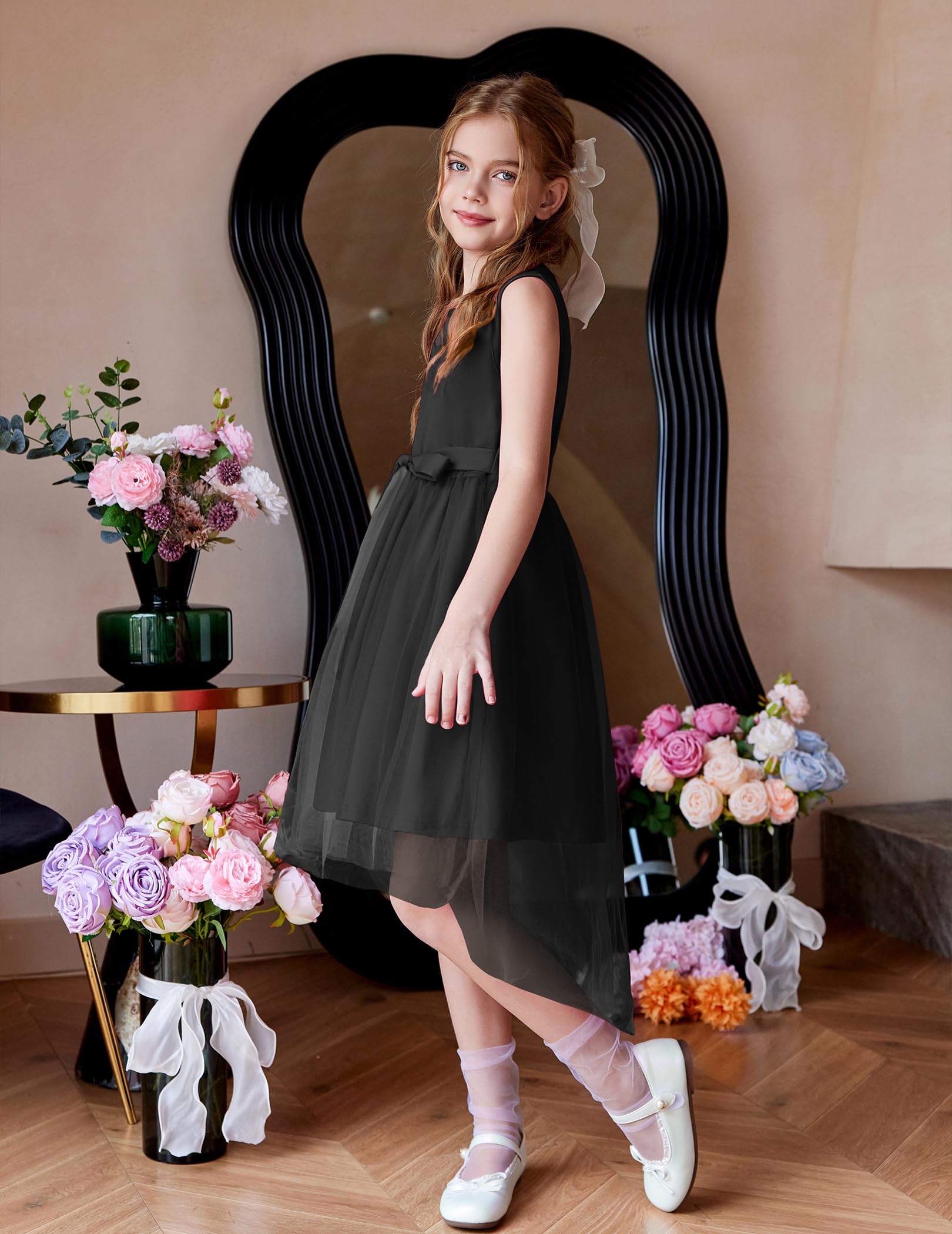 Arshiner Vestidos de niña sin mangas para fiesta de verano festiva, boda, comunión, dama de honor, vestido de tul con dobladillo asimétrico y cinturón, 6-15 años