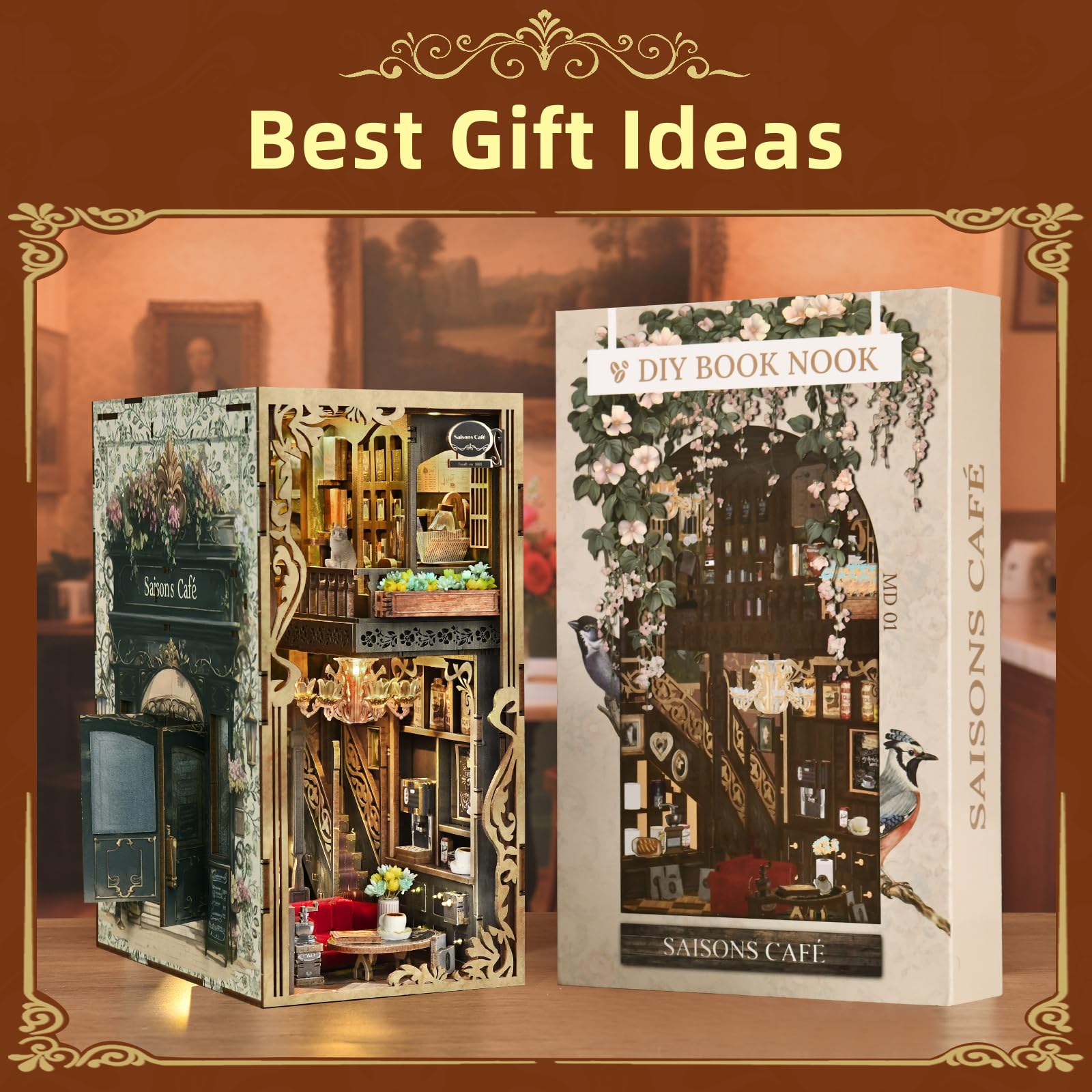 ๐ ๐ถ๐ป๐ถ๐๐ถ๐๐ Book Nook Kit, DIY Miniature Dollhouse Booknook Kit, 3D Wooden Puzzle Bookend Bookshelf Insert Decor with LED Light for Teens and Adults ()