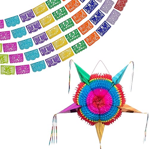 Mexican Party Banners (5 Pack - 10 TISSUE PAPER Flag Designs per banner) + Mexican Piñata (Large 32 Inches) - Papel Picado Banner - Large Pinata