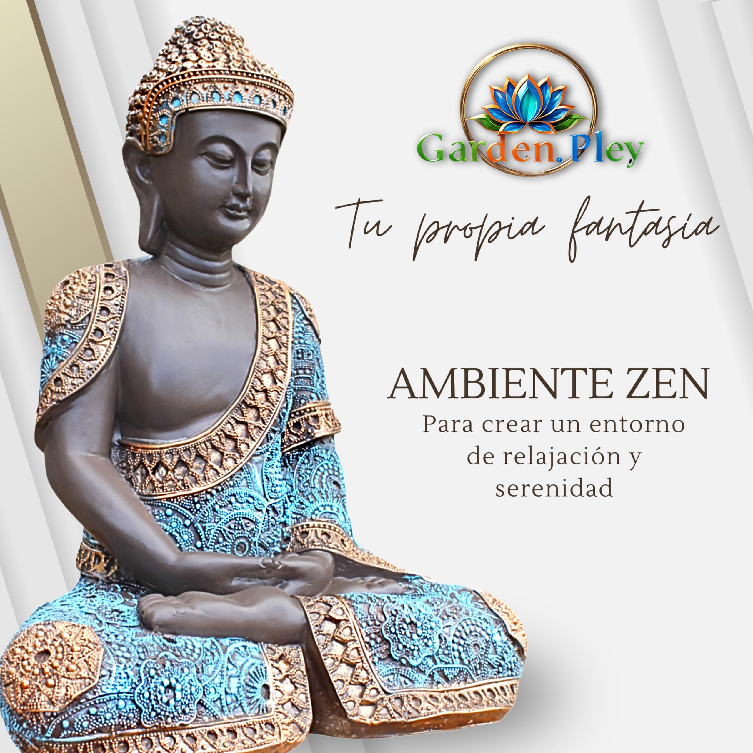 Buda de la Suerte, 41 cm (Celeste) – Budas Decorativos Grandes de Piedra Artificial para Decoracion Jardin Exterior, Figuras Jardin Exterior y Estatuas Decorativas Grandes.