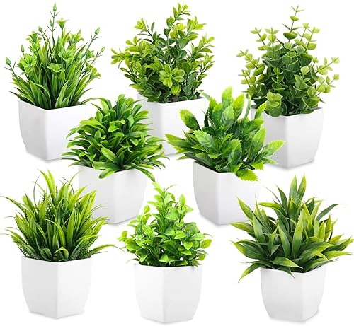 Miniatura 6 de LELEE Plantas artificiales mini plantas falsas en maceta 8 piezas pequeñas de eucalipto en maceta de hierba decorativa con maceta blanca para