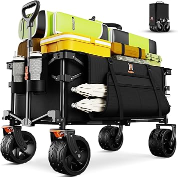 Navatiee Big Wheels Collapsible Wagon Cart Foldable, Heavy Duty Beach Wagon with Silent All-Terrain Wheels, Folding Utility Grocery Cart with Side Pocket and Brakes for Camping Garden Sports, Black
