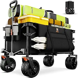 Navatiee Big Wheels Collapsible Wagon Cart Foldable, Heavy Duty Beach Wagon with Silent All-Terrain Wheels, Folding Utility Grocery Cart with Side Pocket and Brakes for Camping Garden Sports, Black