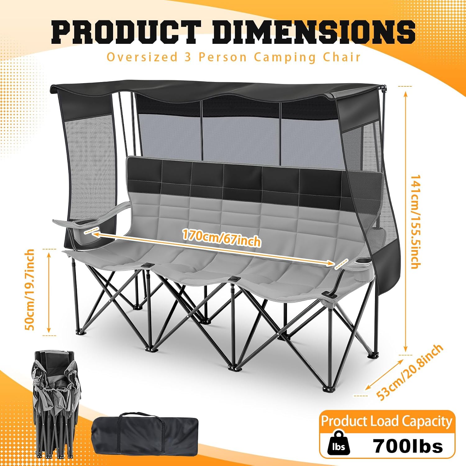 Teenyyou 3 Person Camping Chair with Canopy Shade Oversized Folding Beach Chair, 700lbs Heavy Duty Couch with Cup Holder Carry Bag for Beach Lawn Outdoor (Black and Grey, Canopy Camp)