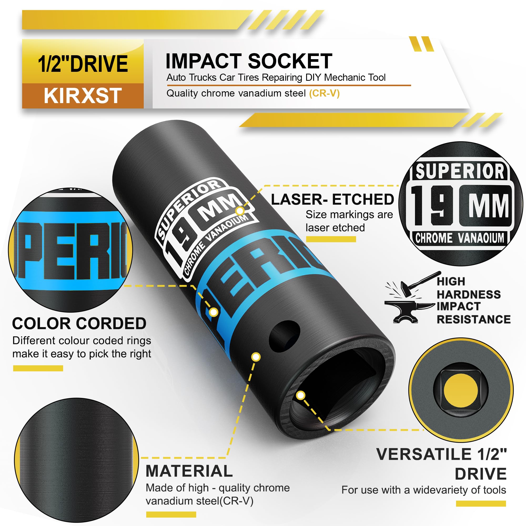 KIRXST 1/2" Drive 19mm Deep Impact Socket, 6 Point CR-V Deep Socket, 78mm Length, Auto Trucks Car Tires Repairing DIY Mechanic Tool - Image 4