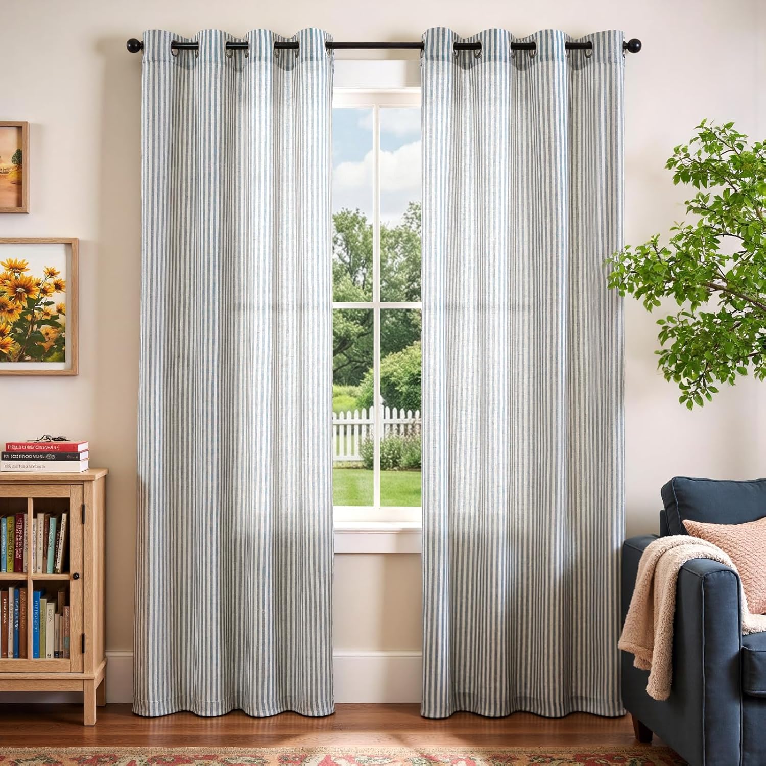 Vangao Linen Striped Curtains for Living Room Bedroom Farmhouse Tickingstripe Light Filtering Window Curtains Printed Drapes Grommet Top 2 Panels Blue W50 x L84 Inch