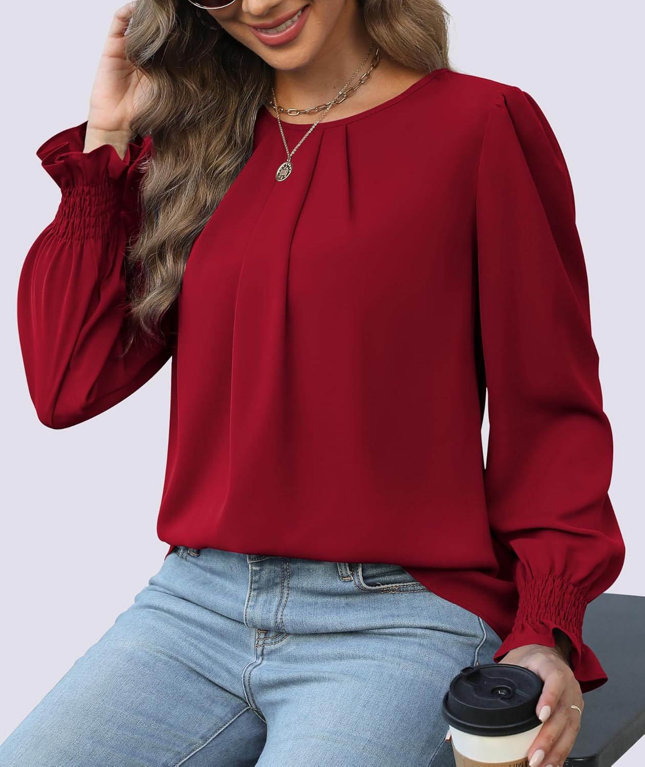 Funlingo Womens Tops Dressy Casual Smocked Long Sleeve Shirts Crew Neck Loose Chiffon Tunics Office Work Blouses - Image 6