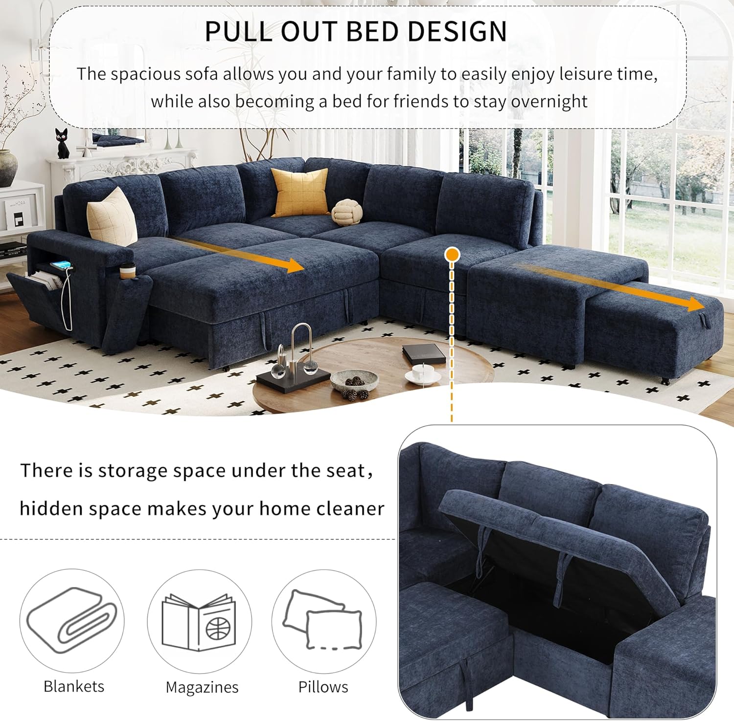 Ball & Cast 91" L-Shaped Modular Padded Cloud Sectional Fabric Sofa Set with Pull Out Bed, Convertible Sectional Couches w/Storage Space and USB Ports & Cup Holders on The Armrests,Blue