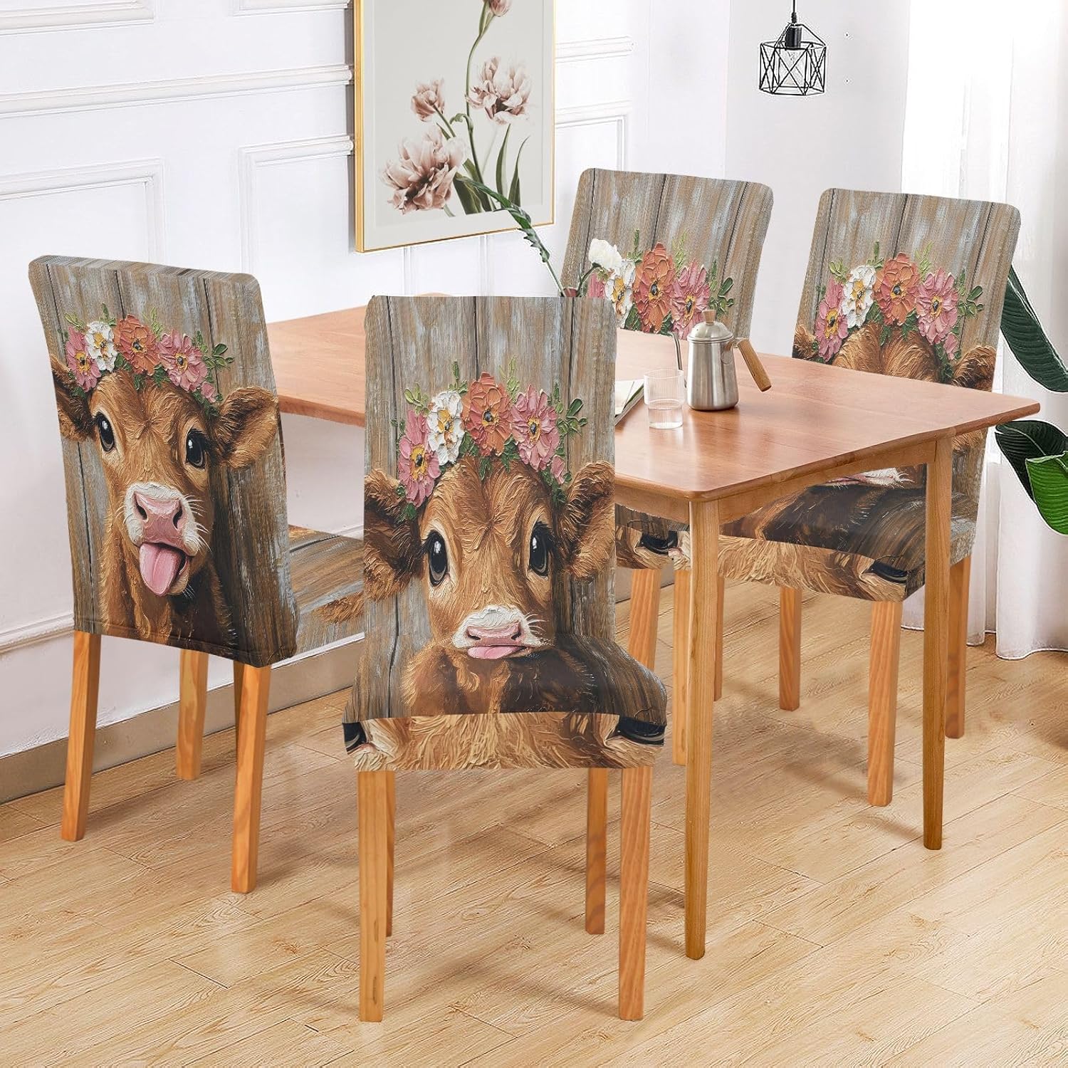 ALAZA Chair Covers for Dining Room, Wooden Cow Stretch Chair Cover Sets Chair Protector Removable Washable for Ktichen Restaurant Hotel