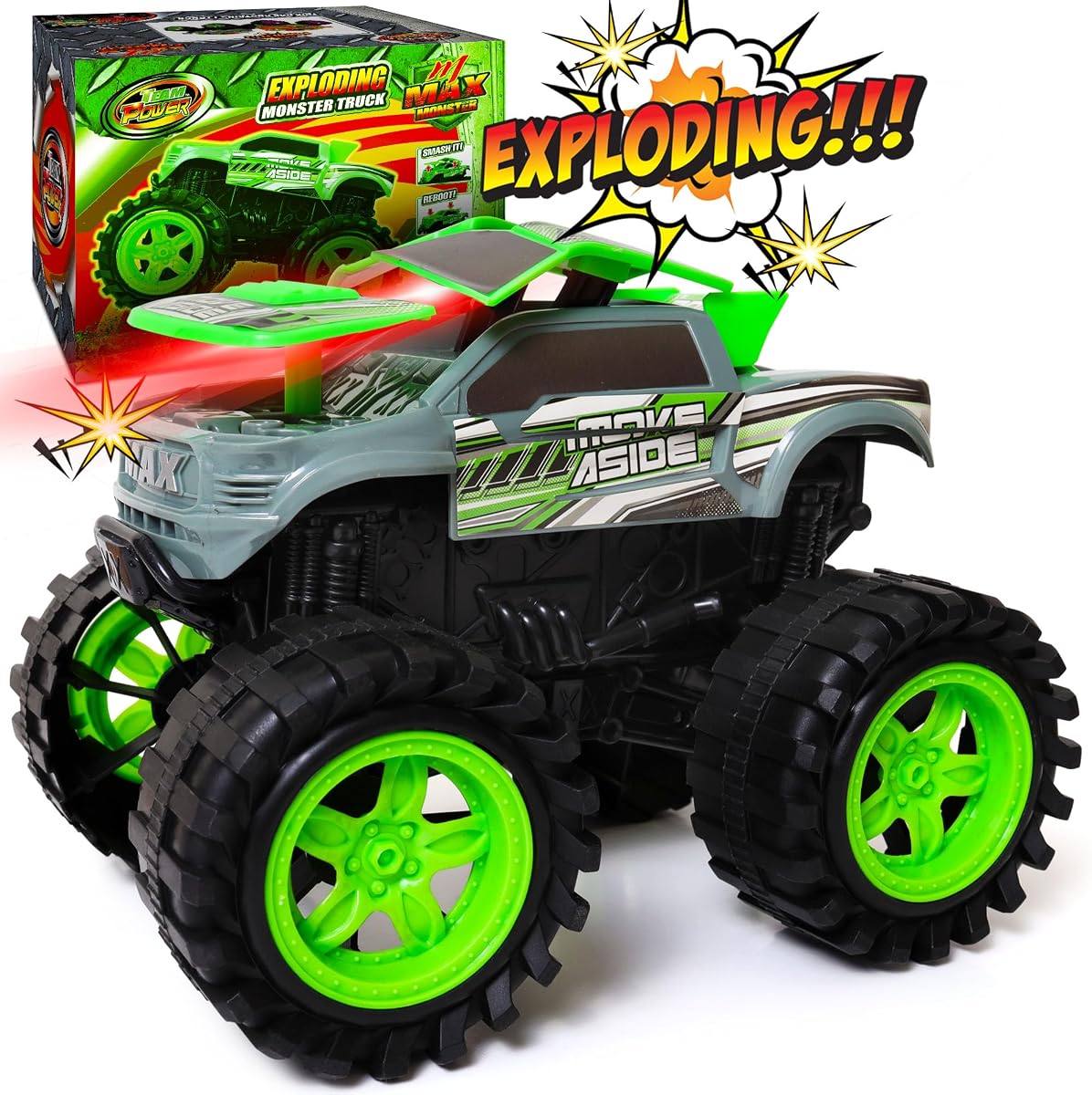 Exploding Monster Truck Toy with Explosive Crash Sounds and Lights, Smash It Up Again and Again, 8.7” Monster Truck Toys for Boys Kids Ages 3, 4-7 & Above | Toddler Toys Boy Birthday Gifts