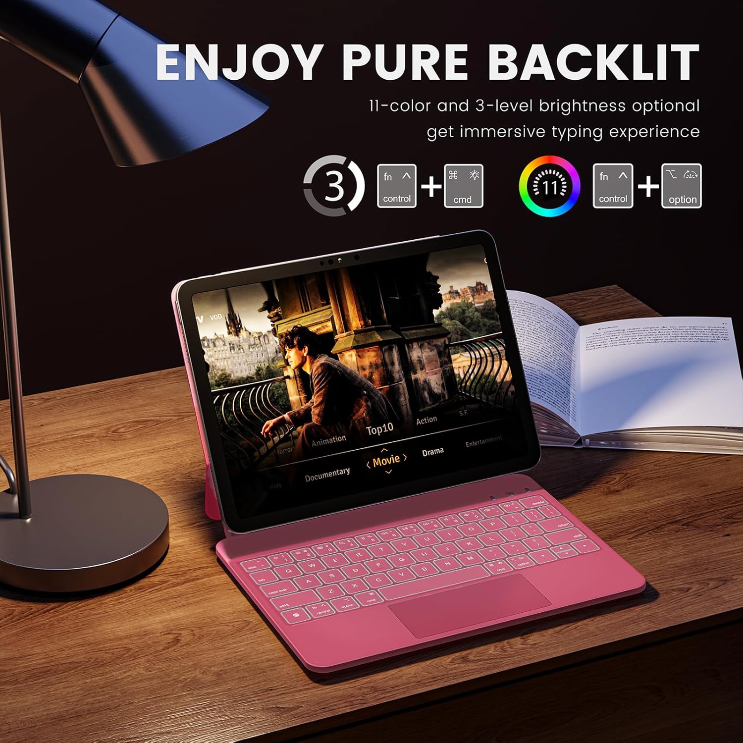 RAYMCRAFT for iPad 11th(A16, 2025)/10th Generation Case with Keyboard, Magic Keyboard, Springy Backlit Keys, Stain-Resistant Surface, Multi-Touch Trackpad, Hot Pink