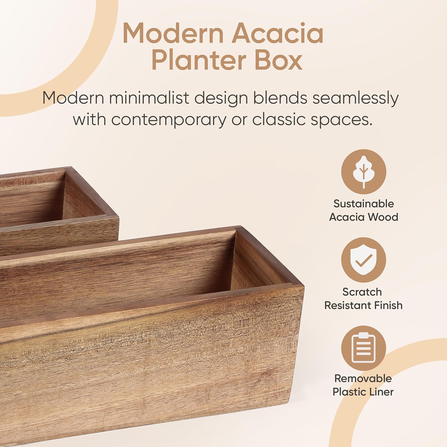 zaqro Large Wood Planter Box Set of 2 – Real Acacia Planter Boxes with Removable Hard Plastic Liners – Long Rectangular Indoor - Window Planter Box for Herbs, Flowers, Succulents