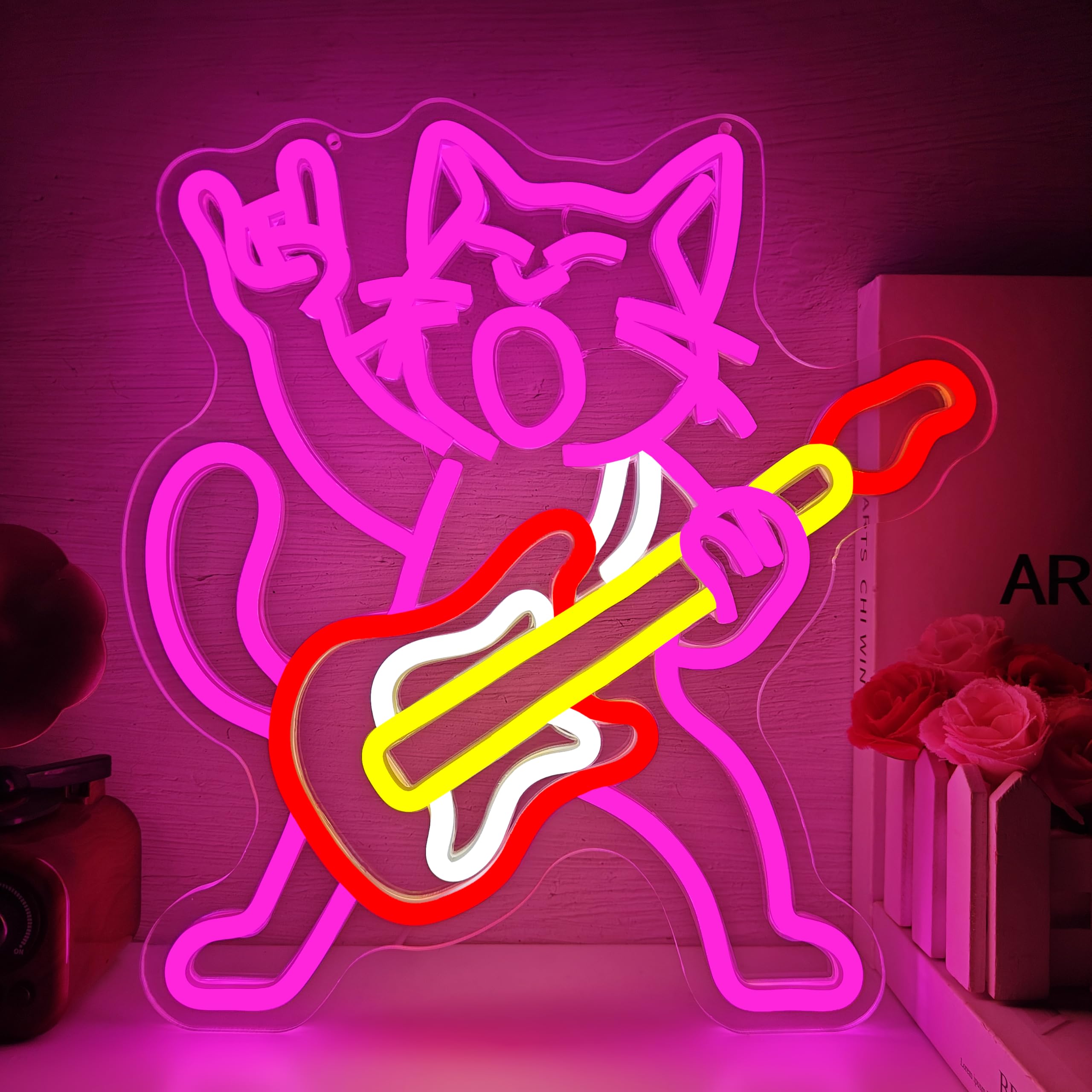 Insegne al neon per chitarra a forma di gatto per decorazione da parete dimmerabile Rock & Roll Kitty Luci al neon USB Gatto che suona la chitarra Segno Led Musica Gatti Decorazione da