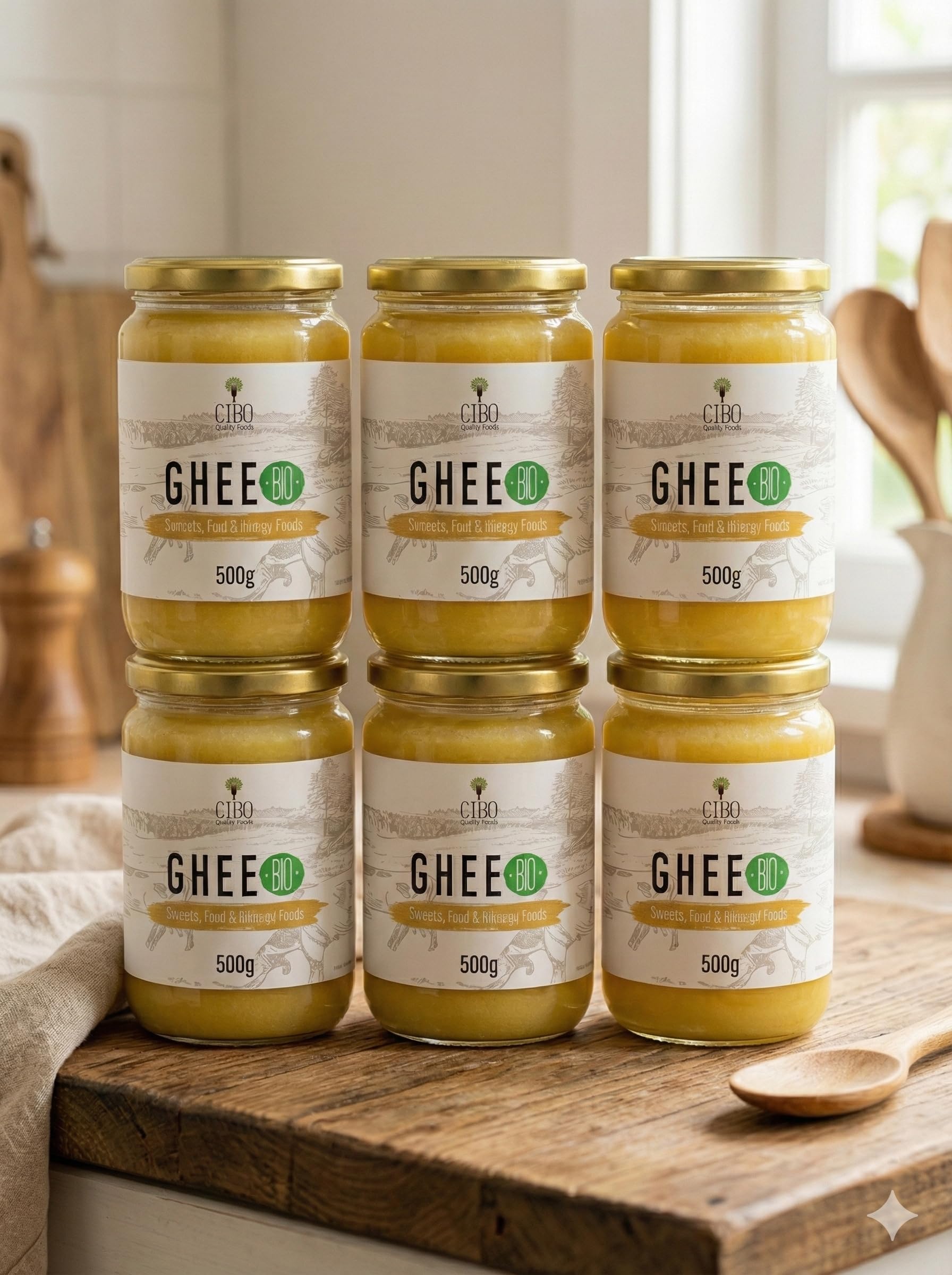 Cibo Bio Ghee Butter 6x500g Packung - Milch aus Parma und Reggio Emilia - Hergestellt in Italien - Weidekühe - Rauchpunkt 250°C - Aus zentrifugierter Sahne