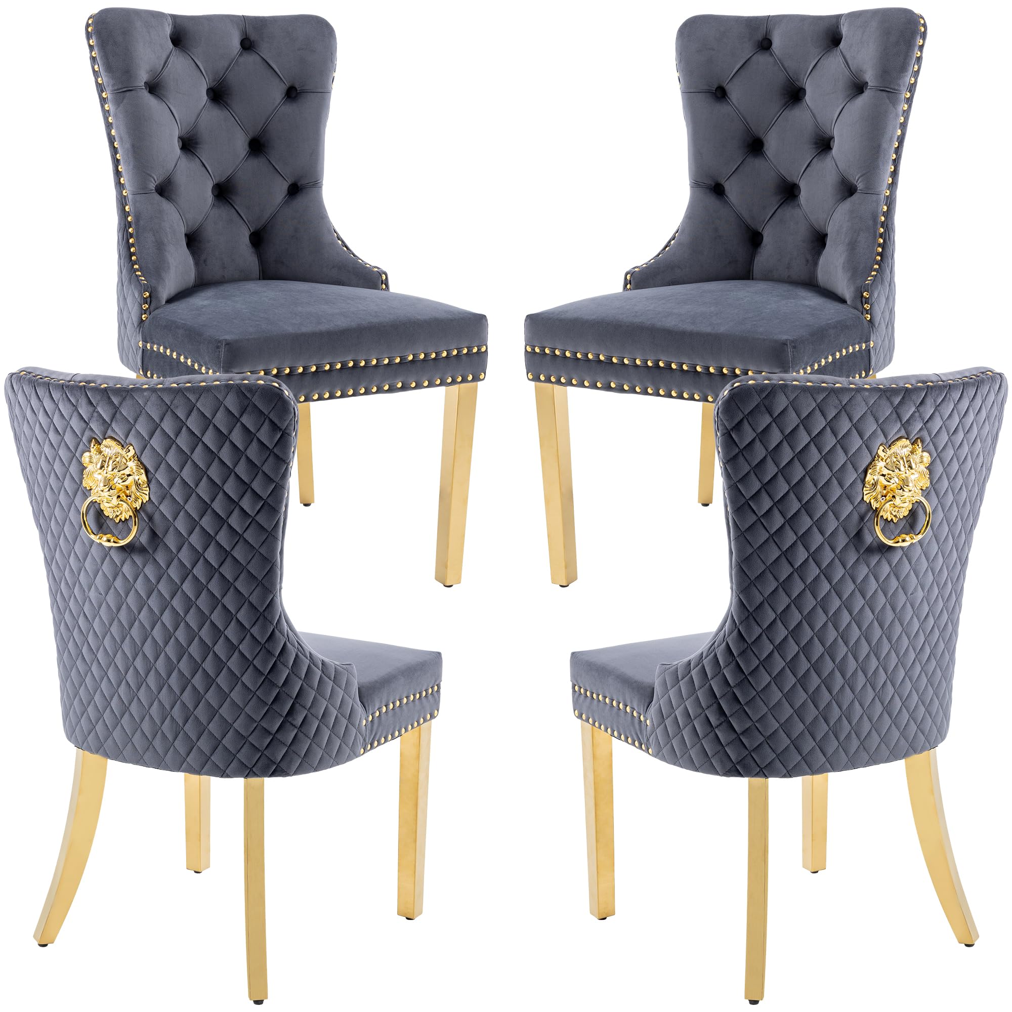 GOOLON Velvet Dining Chairs Set of 4, Upholstered Dining Room Chairs, Mid-Century Modern Chairs with Diamond Lattice Tufted Back, Lion Pull Ring Rivet