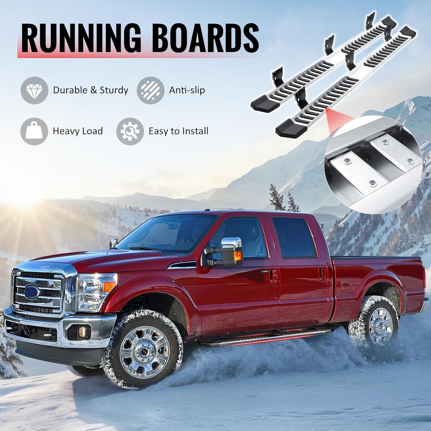 IKON MOTORSPORTS, Running Boards Compatible with 1999-2016 Ford F250 F350 F450 F550 Superduty Crew Cab, V Style Silver Stainless Steel Side Step Bar Nerf Bar