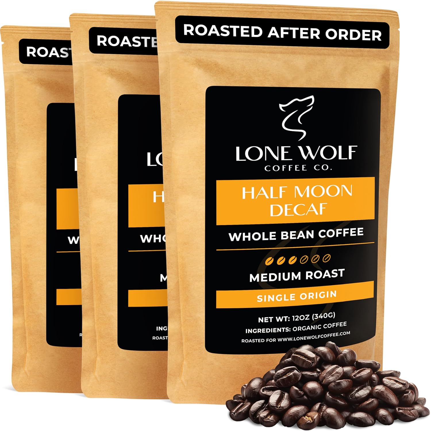 Half Moon Decaf - 3-Pack – Freshly Roasted After Your Order – Specialty Grade, Swiss Water Process, Low Acid, Organic, Single Origin, Medium Roast Whole Bean Coffee – Pack of 3 (12 Ounces Each)