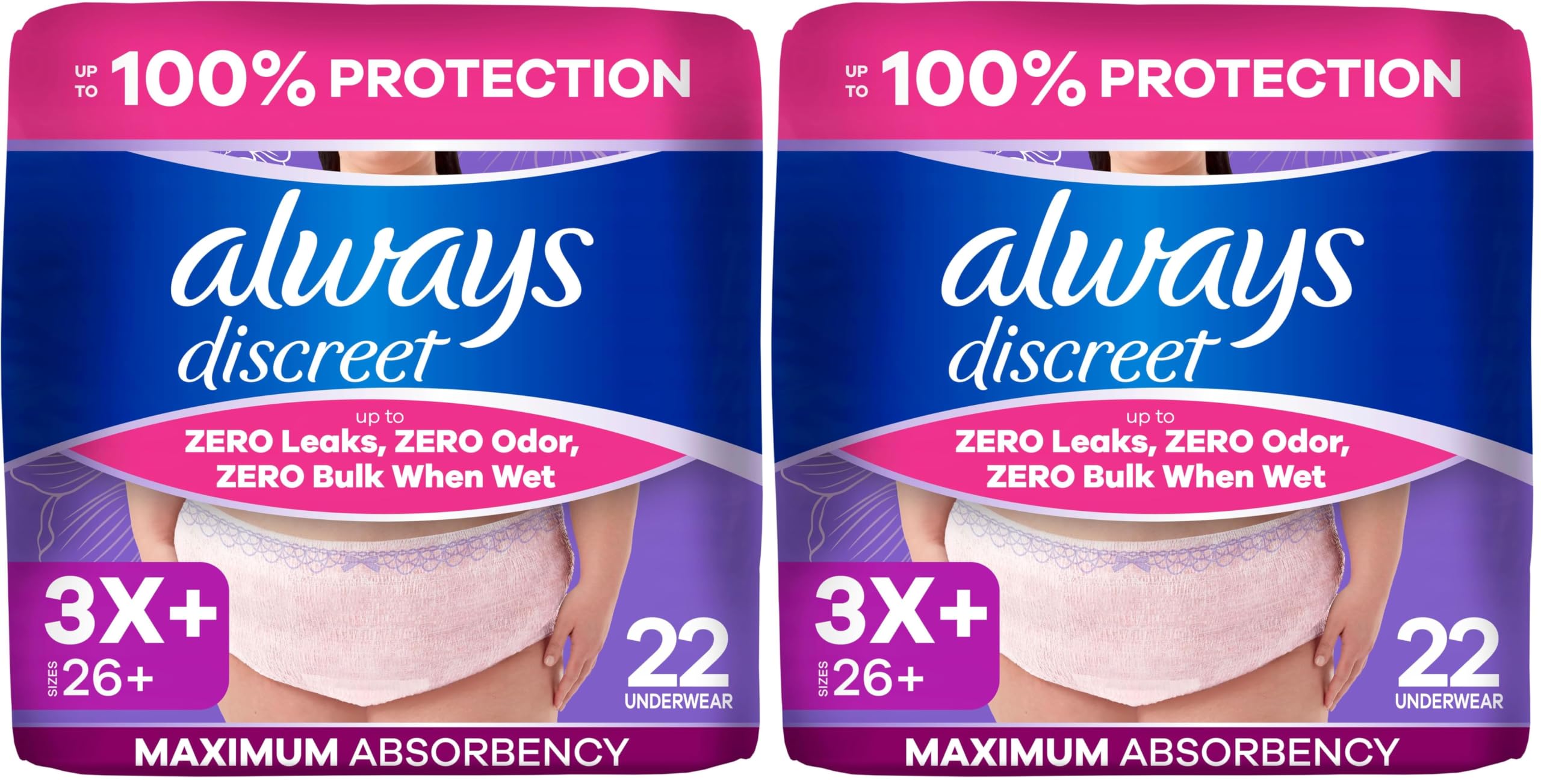 Always Discreet Reimagined Adult Diapers for Women, Maximum Absorbency Incontinence and Postpartum Underwear Size 3X+, Up to 100% Leak Free Bladder Leak Protection, 22 Count​ (Pack of 2)