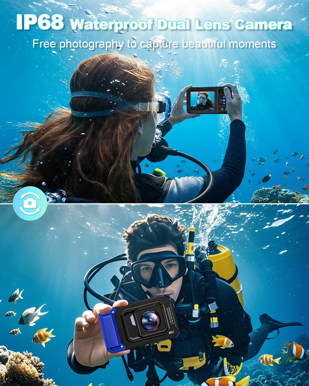Fotocamera Subacquea, Fotocamera Digitale 5K 96MP Impermeabile 10 Metri Autofocus WiFi con Scheda 32GB, Doppio Schermo per Selfie, Fotocamera Subacquea Galleggiabile 16X per Snorkeling