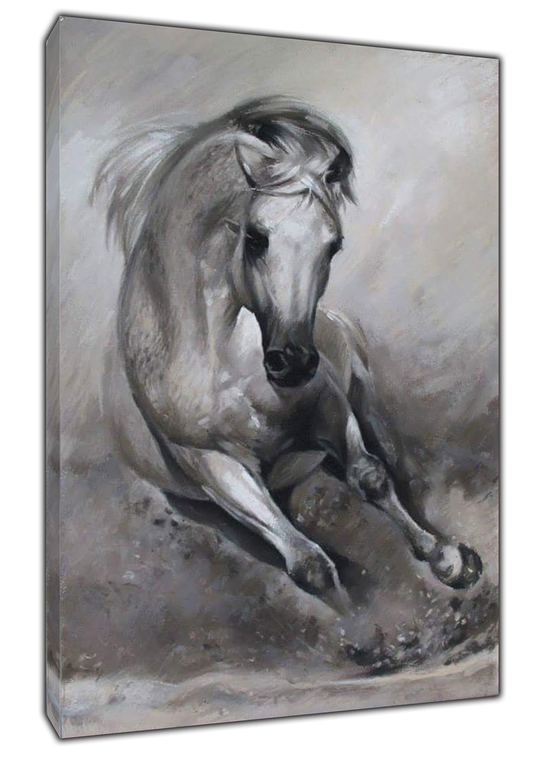 ARTSPRINTS Beautiful Horse Running DRAWN WITH CHARCOAL SOFT PASTEL PRINT ON FRAMED CANVAS Home Decoration 24 x 16 inch -38mm depth