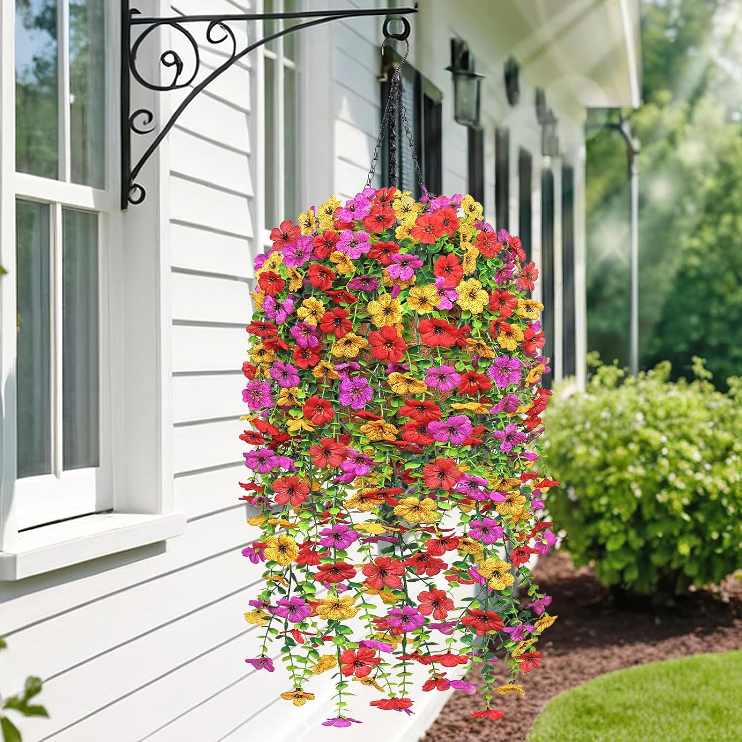 Dremisland Artificial Hanging Flowers Plants Basket for Outdoors Decoration, 2PCS Multicolored Faux Silk Flower DIY Chain Hanging Basket Daisy Fake Flowers with Pot for Porch Garden Patio Decor - Image 2