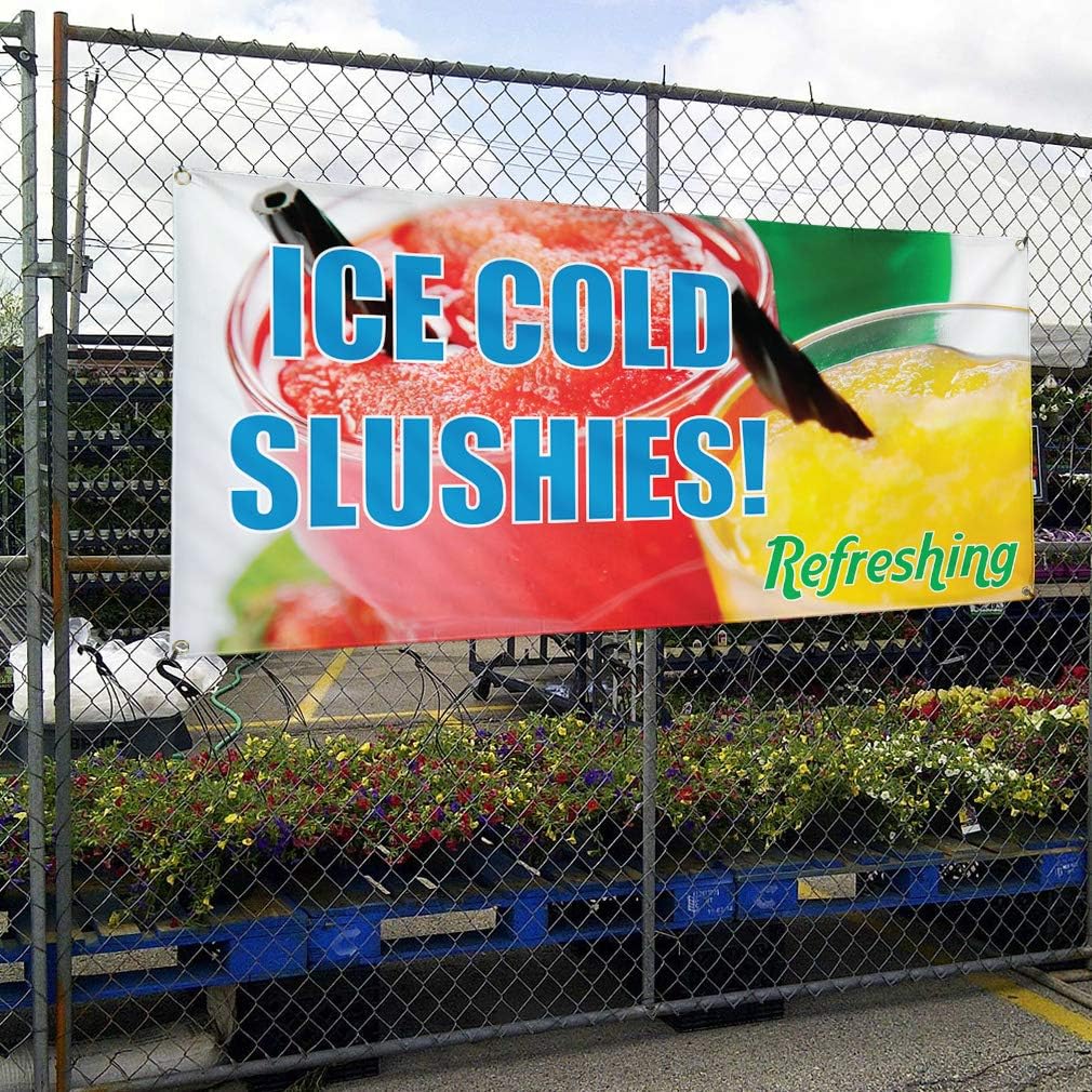 Vinyl Banner Sign Ice Cold Slushies! #1 Style A Slushies Marketing Advertising Aqua-Blue - 24inx36in, 4 Grommets, Set of 2