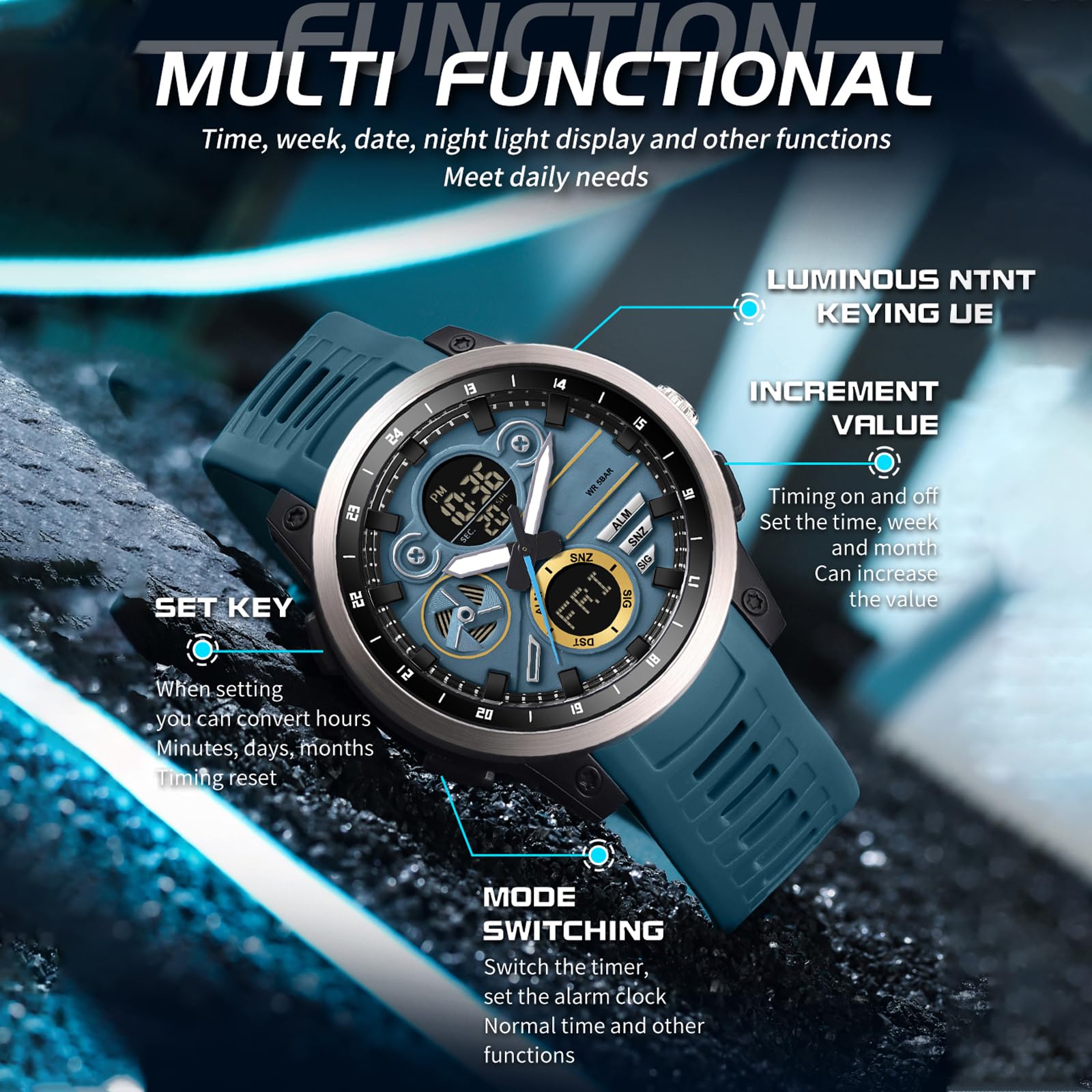 findtime Montre numérique tactique militaire pour homme - Étanche jusqu'à 5 ATM - Montre de sport analogique avec 12/24 h, rétroéclairage LED, alarme, chronomètre, compte à rebours