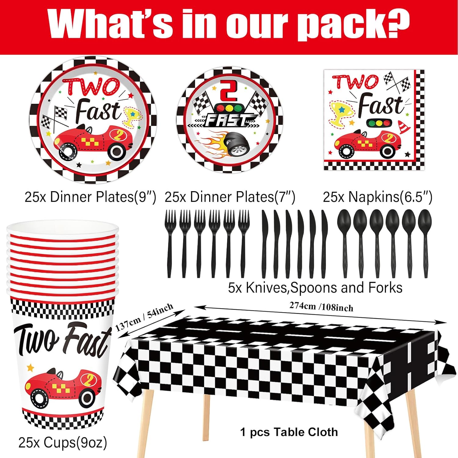 Qyeahkj 184pcs Two Fast Birthday Party Supplies Set Includes Racing Car Plates Napkins Tablecloth Swirl Banner Tableware Kit Dispose 2nd Birthday Table Decorations Favors, Serve 25