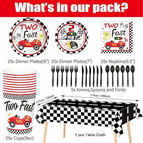 Miniatura 2 de Juego de 184 piezas de suministros para fiesta de cumpleaños rápido, incluye platos de coche de carreras, servilletas, mantel, pancarta, kit de