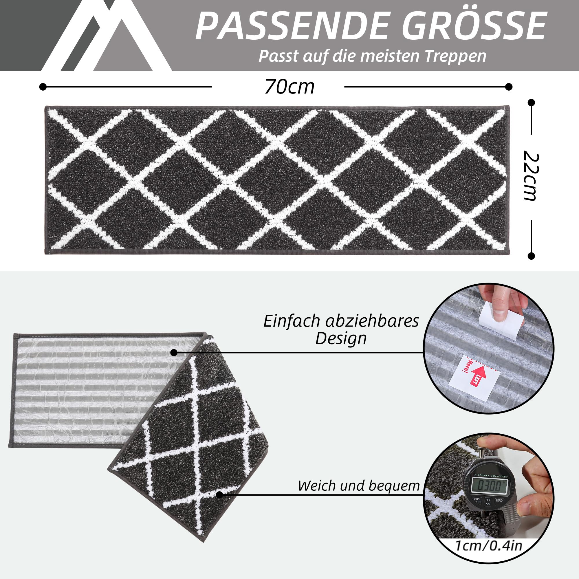 COSY HOMEER 15 Stück Treppenstufen Matten, 70 x 22cm Anti Rutsch Stufenmatten Selbstklebend, Maschinenwaschbar, 100% Polyester, TPE-Rücken, Ideal für Kinder, Senioren und Haustiere, Schwarz Weiß