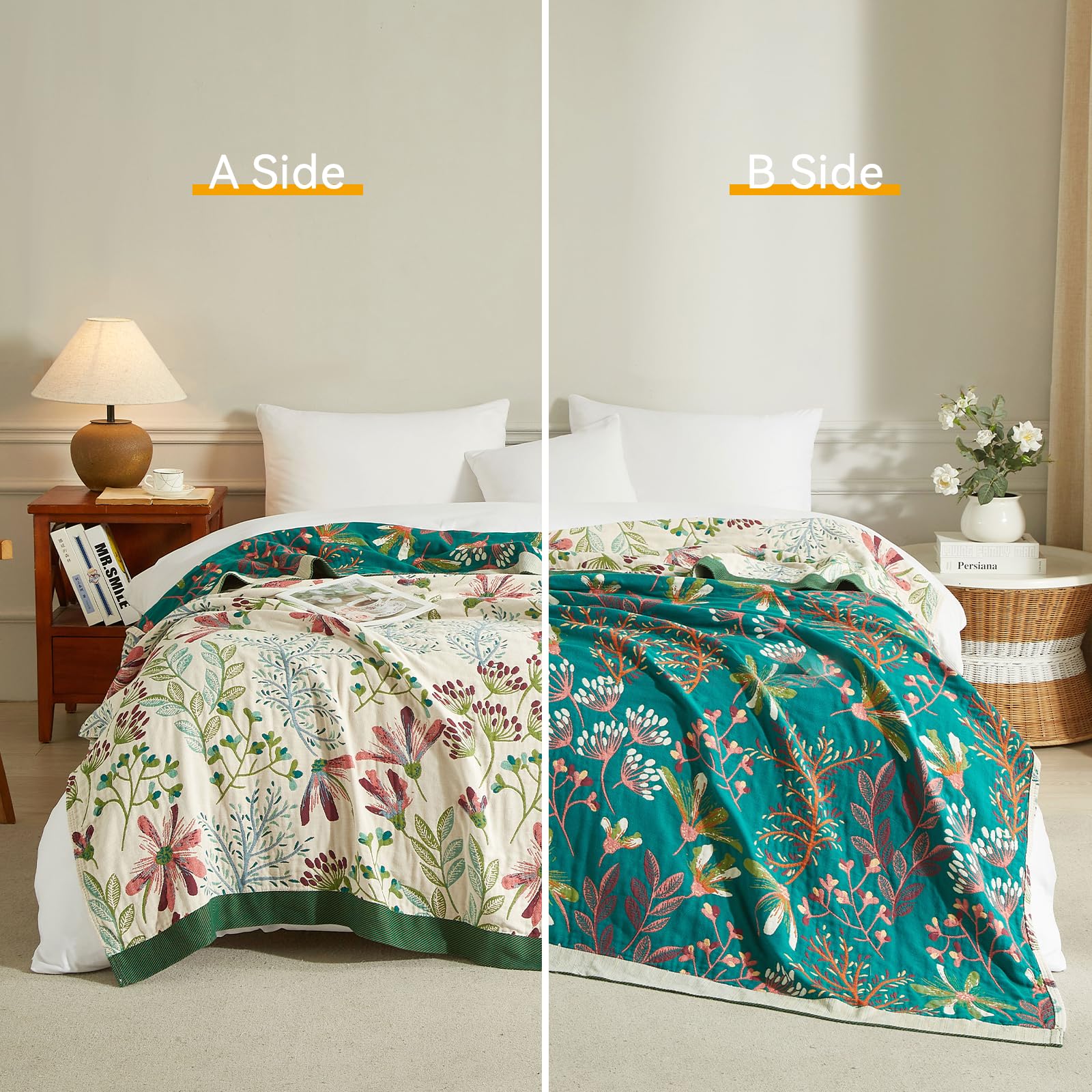 Bailix Boho Tagesdecke 100% Baumwolle Musselin Decke 150x200cm Grün/Beige