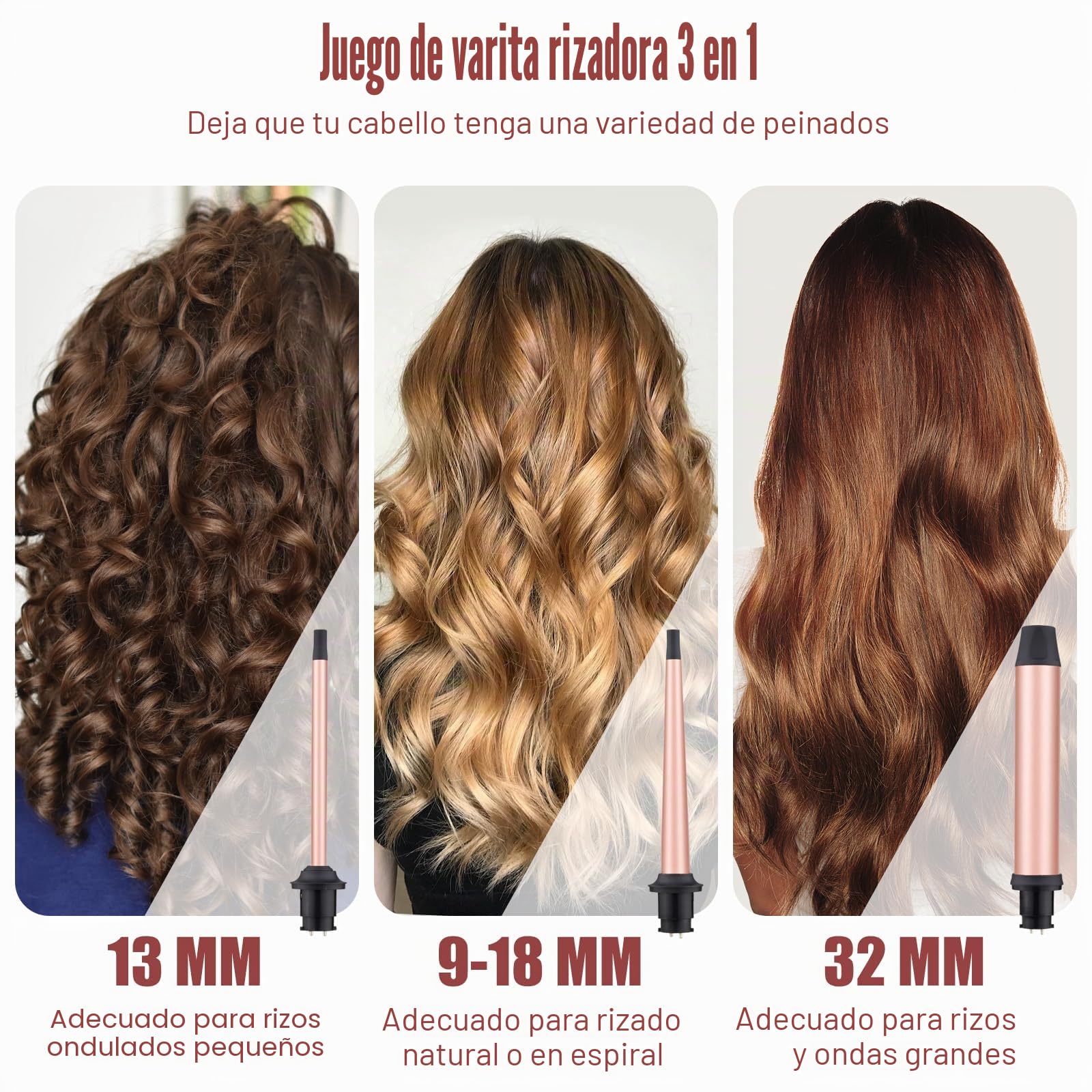 Rizador pelo Ondas Rizador de Pelo 3 en 1 Temperatura Ajustable Rizador Pelo 9-32mm Tenacillas para Rizar el Pelo Profesional Pantalla LCD Curling Iron para Rizos Grandes y Pequeños