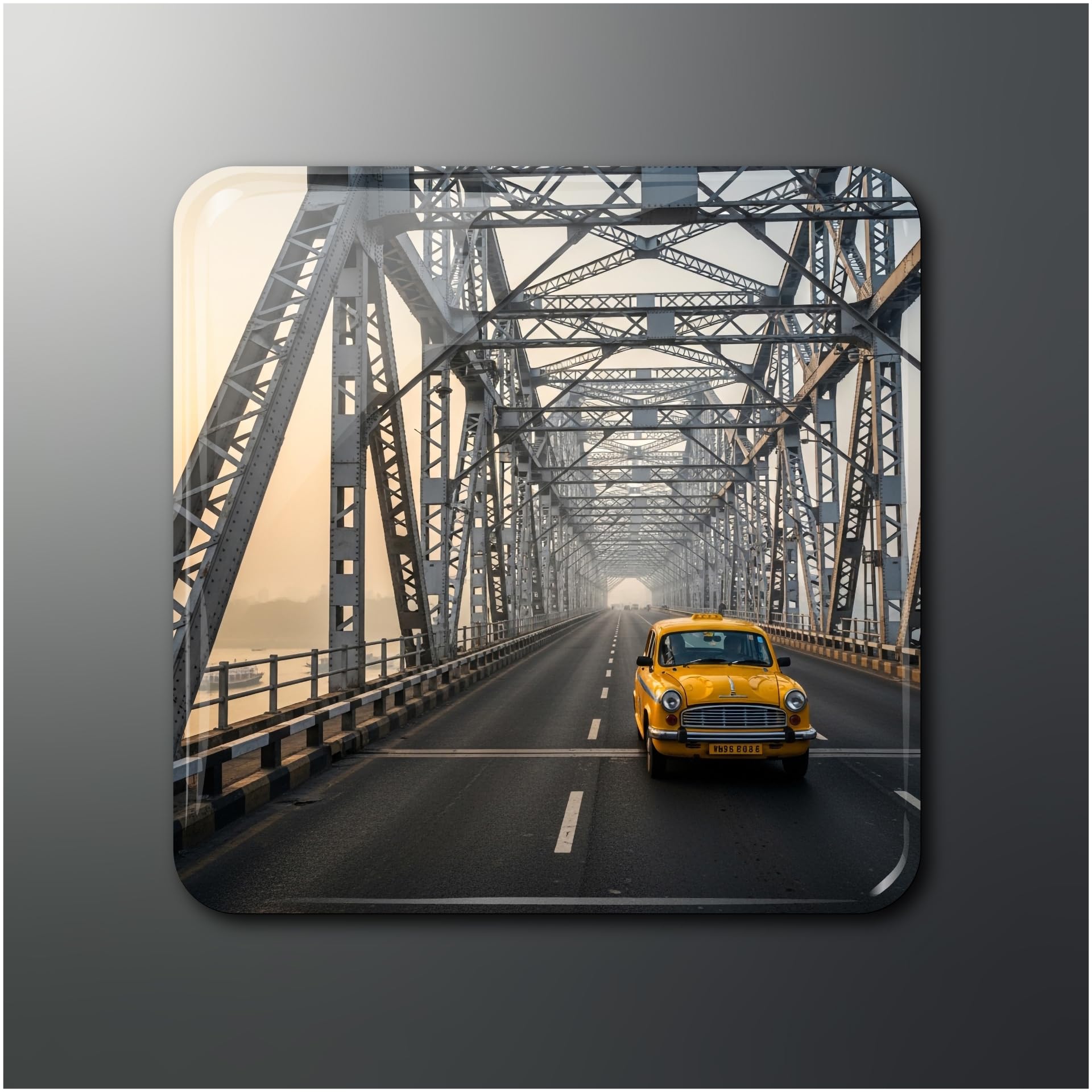 kolkata heritage howrah bridge and yellow taxi fridge magnet, glossy finish, 2x2 in, square, pack of 1
