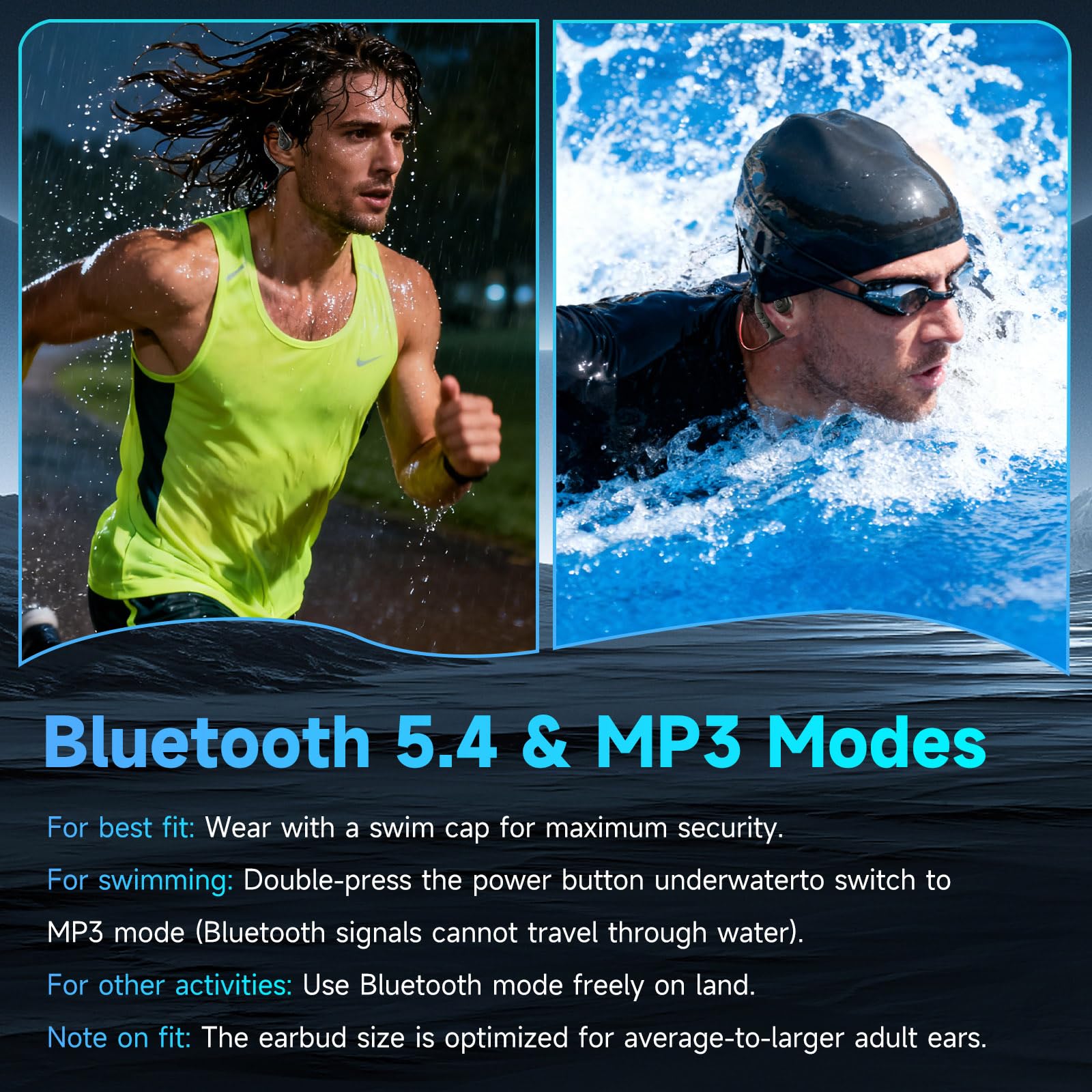 Auricolari impermeabili IPX8 per nuoto, cuffie subacquee con lettore MP3 e Bluetooth, suono HiFi e cancellazione del rumore, design in-ear per nuoto, corsa e ciclismo (8 GB)