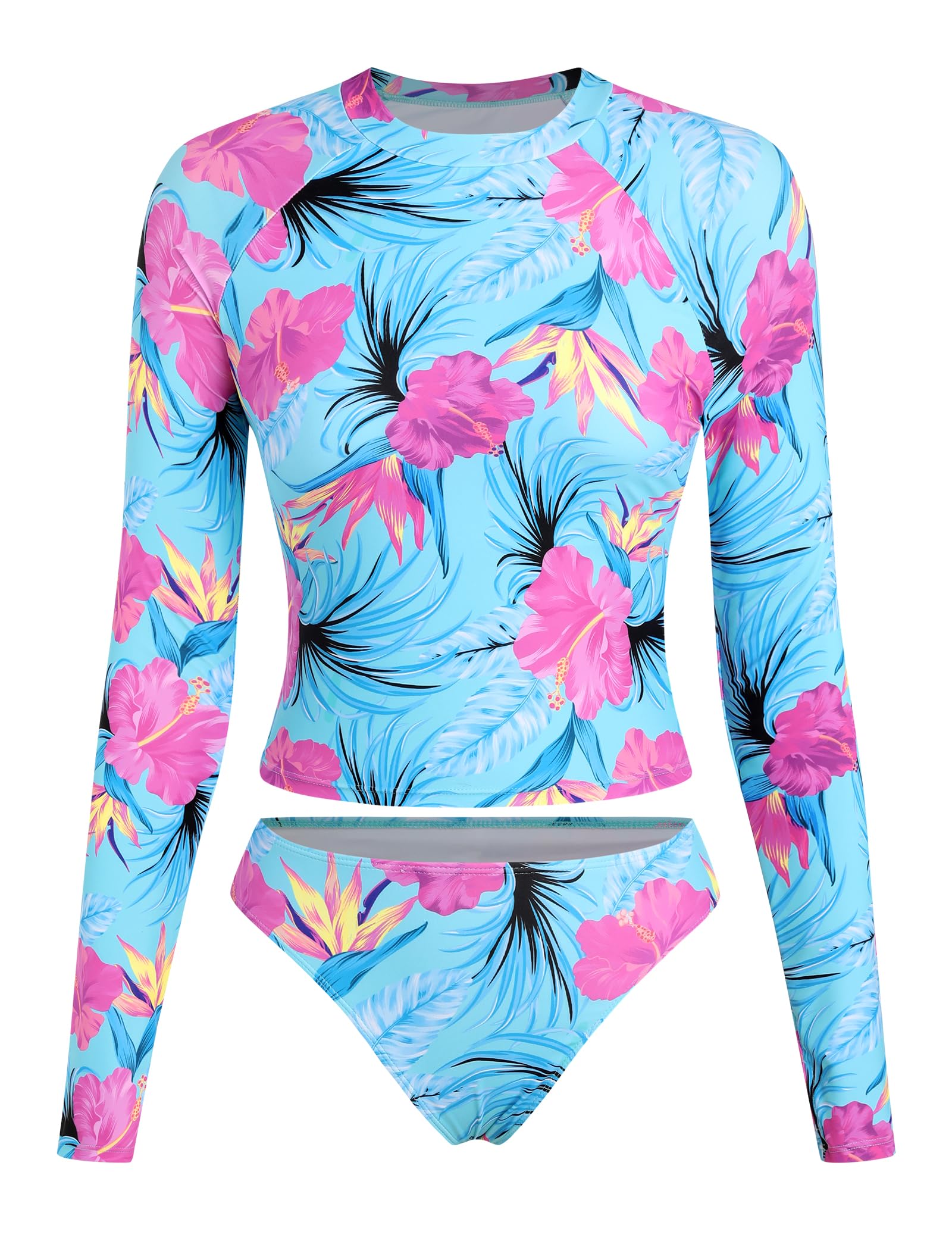 ZAFUL Women Long Sleeve Rash Guard Two Piece Bathing Suit with Briefs