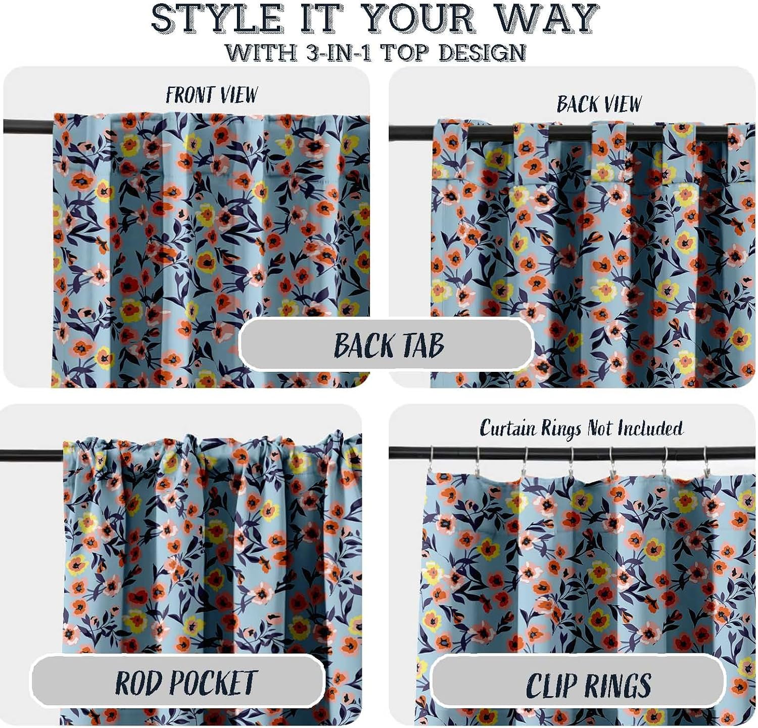Cotton Curtains for Windows - 3-in-1 Rod Pocket/Back Tab Short Window Drapes - Light Filtering Cotton Canvas Panels - Set of 2, 52"x63" - Floral Print (Blue)