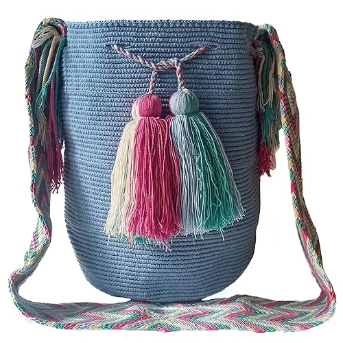 Wayuu mochila bag for women crocheted tote baglarge shoulder bagcross body baghand woven with one thread and multicolored charm tassels Wayuu
