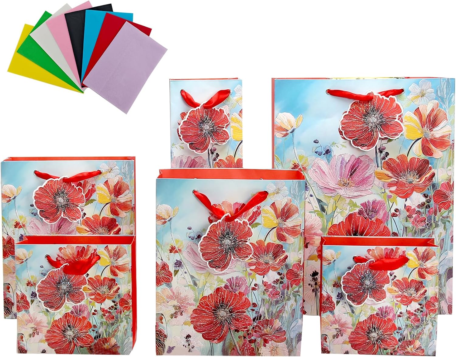 suosicn Red Flower Embossed Pattern 6 PACK Gift Bags with Handles,Assorted Paper Gift Bags with 8 pcs Different Tissue For Anniversary Mother's Day, Graduations, Baby Showers, Any Occasion Party - Image 2