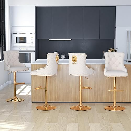 Miniatura 2 de Juego de 2 taburetes de bar de terciopelo con anillo de tracción de león para encimera de cocina, taburetes de bar tapizados con cabeza de clavo,