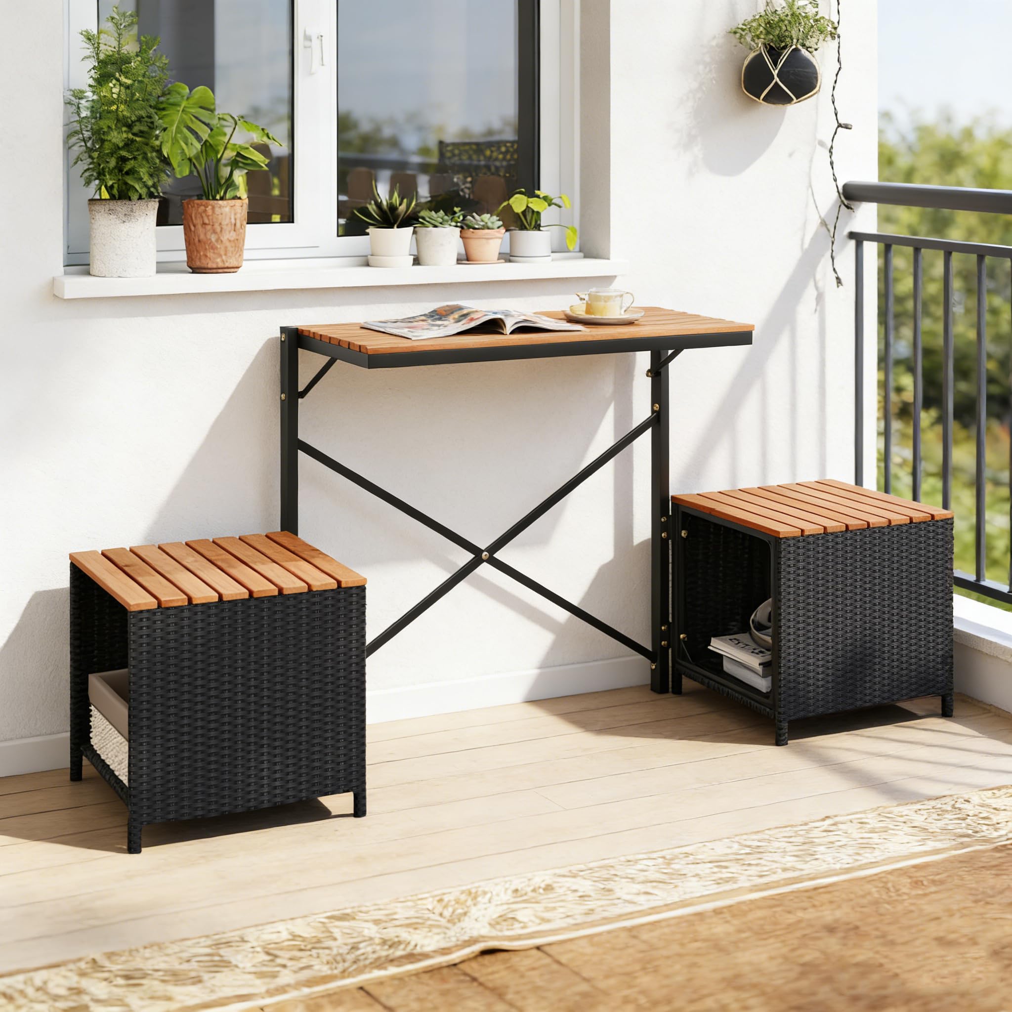 Giantex 2 in 1 Salotto da Giardino Esterno in Rattan, Set Mobili da Giardino Pieghevole con 1 Tavolino e 2 Sedie Contenitore, Panchina Convertibile da Esterno 2 Posti per Terrazza e Piscina (Nero)